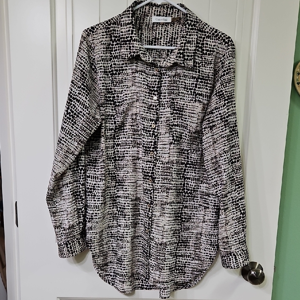Calvin Klein Textured Grid Weekend Vacation Print Tunic Blouse Long Sleeved L